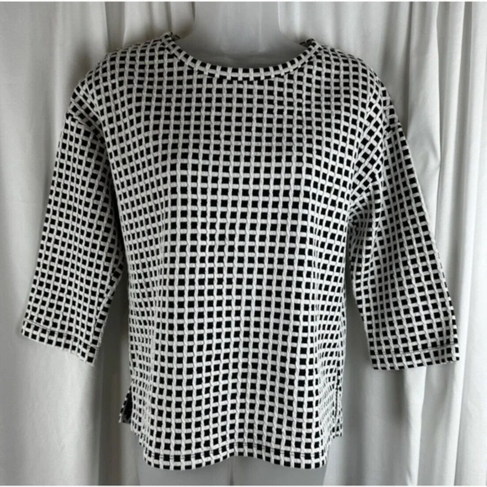 Lou & Grey Blue White Grid Textured Knit Top 3/4 Sleeve S Preppy Academia 55-22‎
